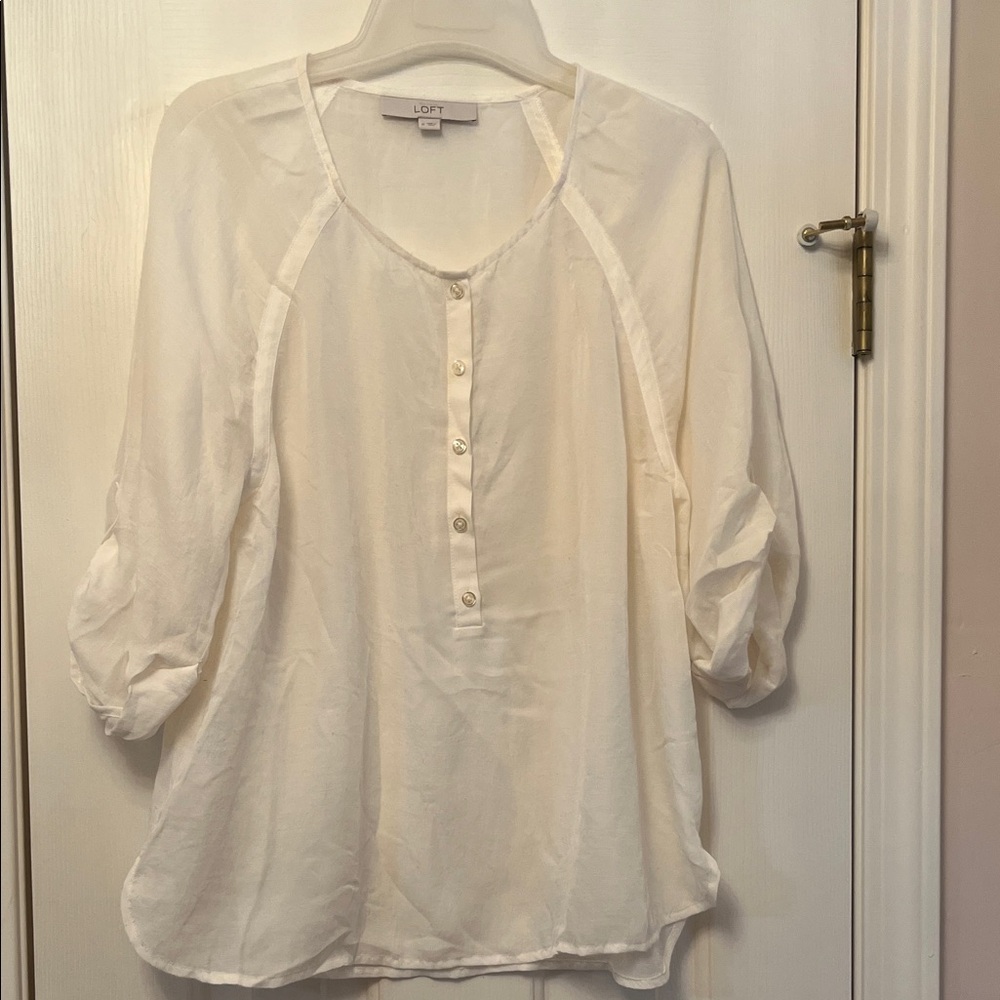 LOFT Cream Henley Sheer Button-Front Blouse
